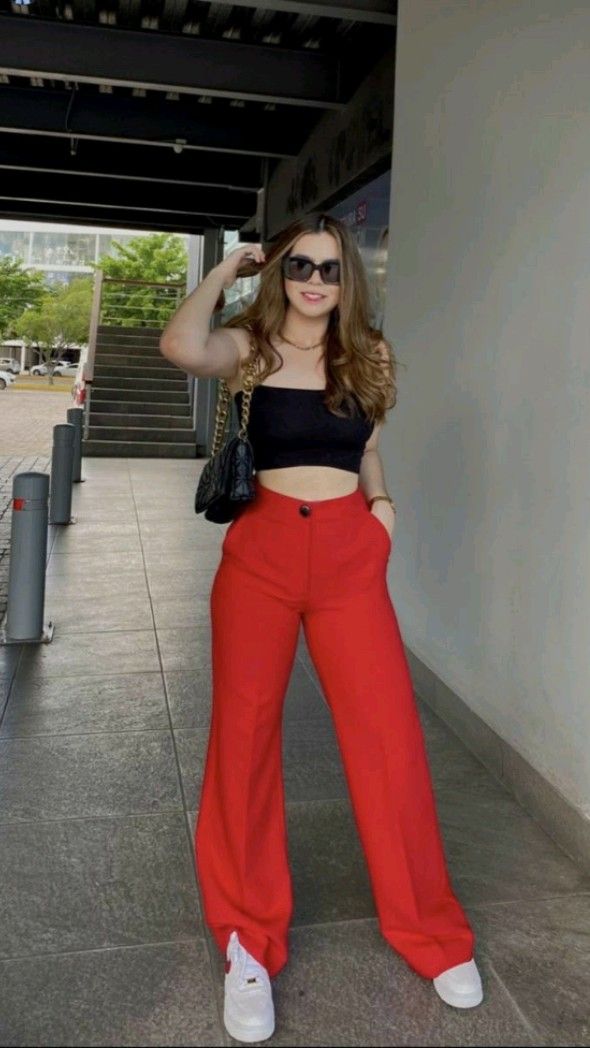 Black Crop Top with Red High-Waisted Pants